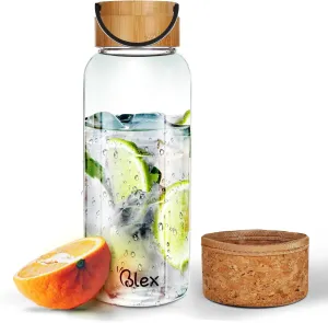 Blex 34 Oz Borosilicate Glass Water Bottle | Glass Bottle with Leak-Proof Wooden Lid, Non-Slip Sleeve, Handle | BPA-Free, Non-Toxic, Thermal Stable, Perfect for Home, Gym, or Travel