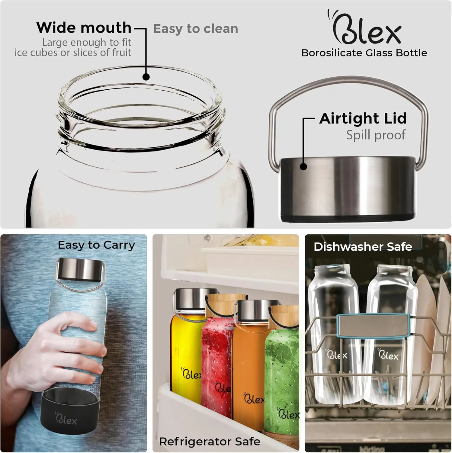 Blex 34 Oz Borosilicate Glass Water Bottle | Glass Bottle with Leak-Proof Wooden Lid, Non-Slip Sleeve, Handle | BPA-Free, Non-Toxic, Thermal Stable, Perfect for Home, Gym, or Travel