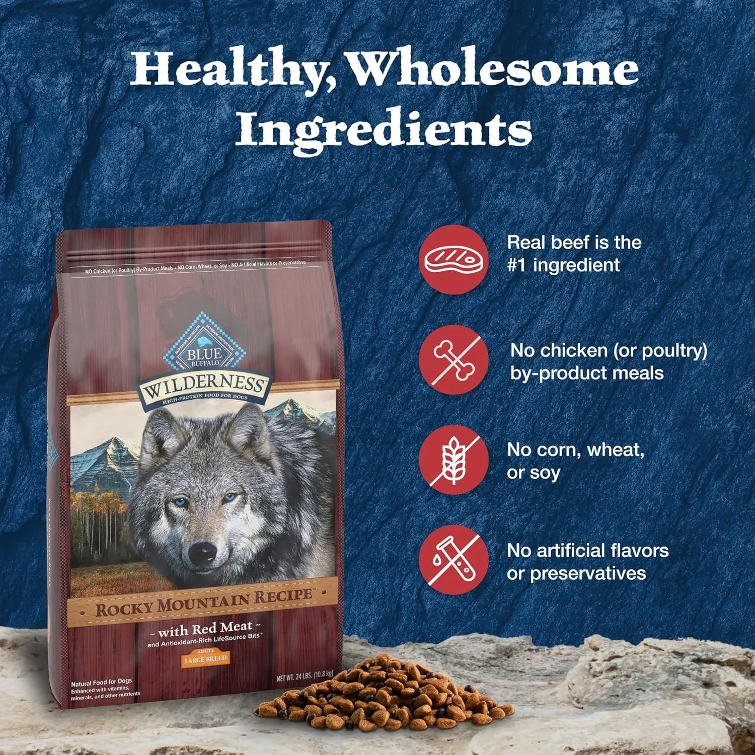 Blue Buffalo Wilderness High-Protein Rocky Mountain Recipe Dry Food for Large Breed Adult Dogs, Red Meat & Grains, 28-lb. Bag