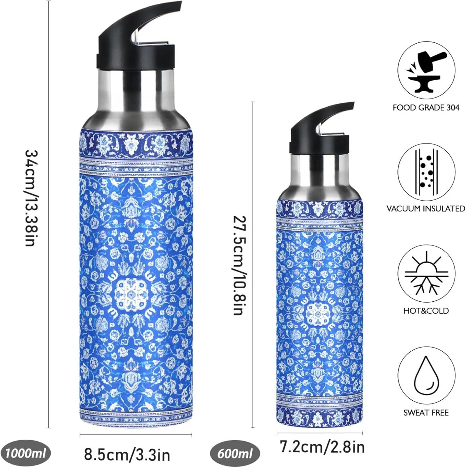 Blue Flower Sports Water Bottle with Straw, 22oz BPA Free Stainless Steel Vacuum Insulated Bottle for Gym Fitness Outdoor