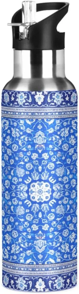 Blue Flower Sports Water Bottle with Straw, 22oz BPA Free Stainless Steel Vacuum Insulated Bottle for Gym Fitness Outdoor