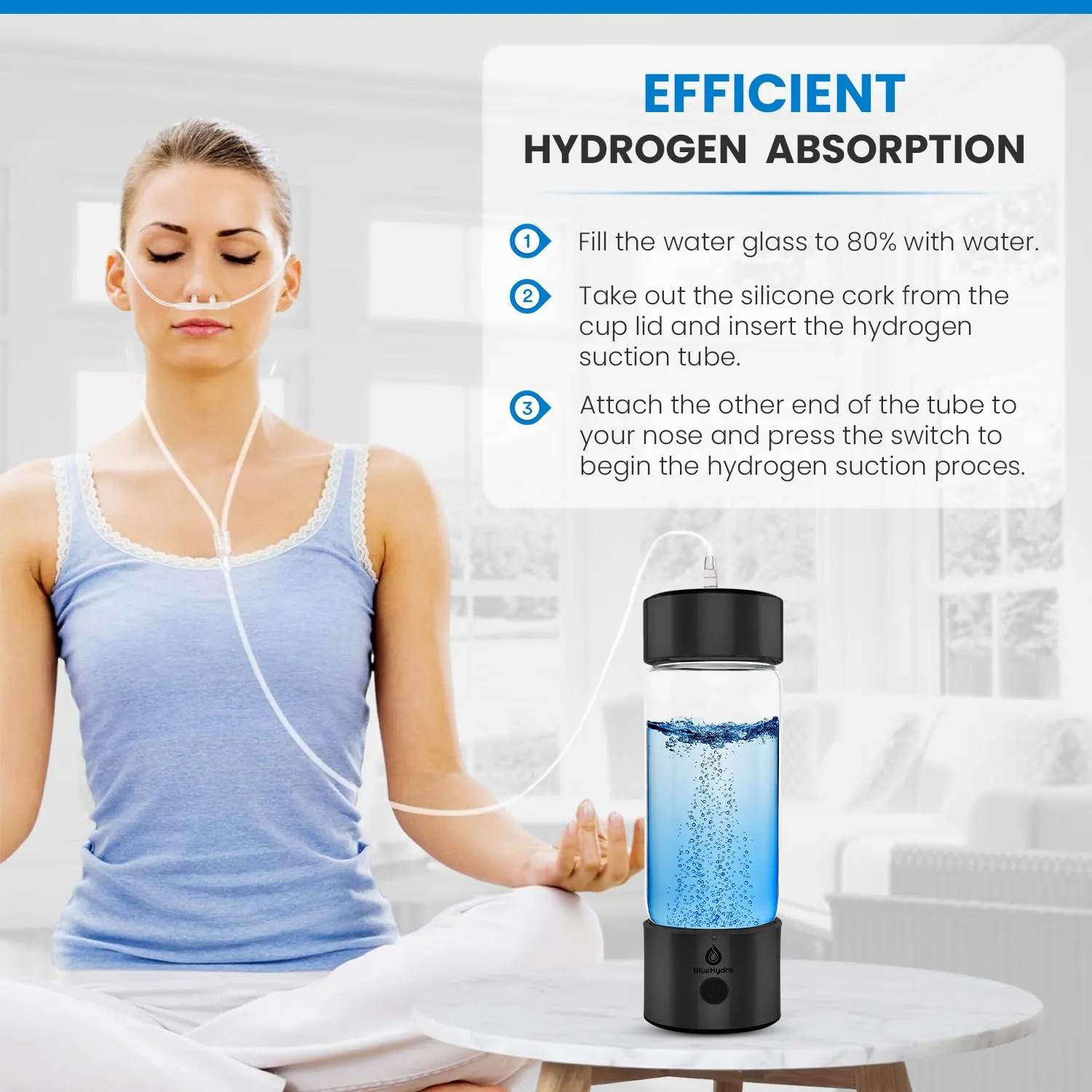 BlueHydro™ 500ml Hydrogen Water Bottle with Hydrogen Inhalation, Portable Rechargeable Hydrogen Water Generator Bottle with SPE & PEM Technology, Improve Water in 3 Minutes, Hydrogen Water Bottle USA