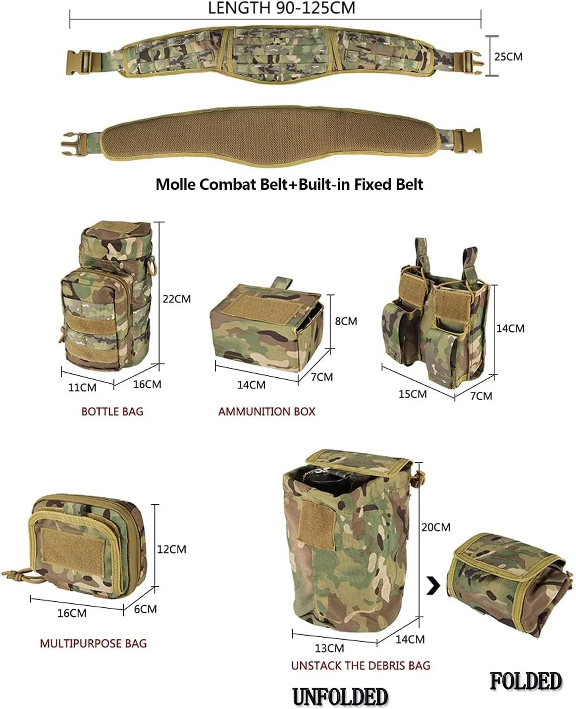 BOMTURN Tactical Battle Belt Military Molle War Duty Belt Law Enforcement for Police Army 7 in 1 Set