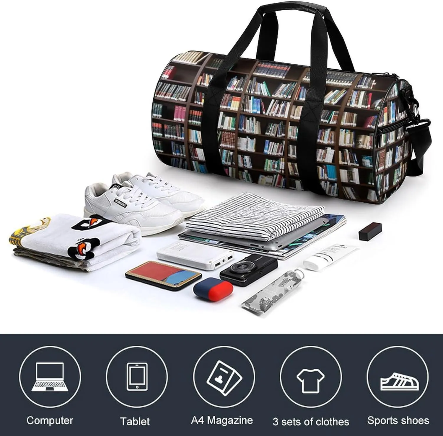 Books Bookshelf Library Literature Shelf Large Capacity Cylindrical Fitness Bag, Hand-held Fitness Bag