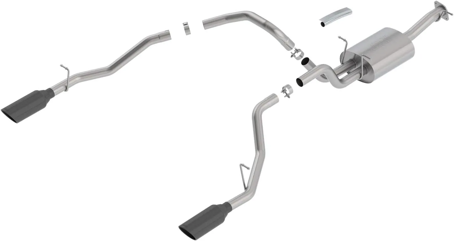 BORLA 140758BC Cat-Back Perf. Exhaust Sys. for '19-'23 Ram 1500 V8 Incl. e-Torque incl. Rebel & G/T Models (Exc. Classic) T-304 Touring Dual Split Rear Exit Single 5" Rnd. Blck. Chrome Tips Each Side.