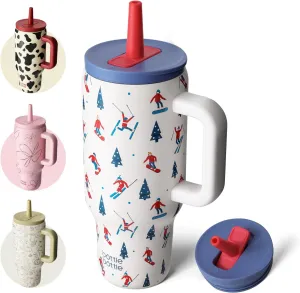 BOTTLE BOTTLE 30 oz Tumbler with Lid and Straw, Stainless Steel Travel Mug, Tumbler with handle, Water Bottle with straw for College Office, Gifts for Women Him Her (Skiing)
