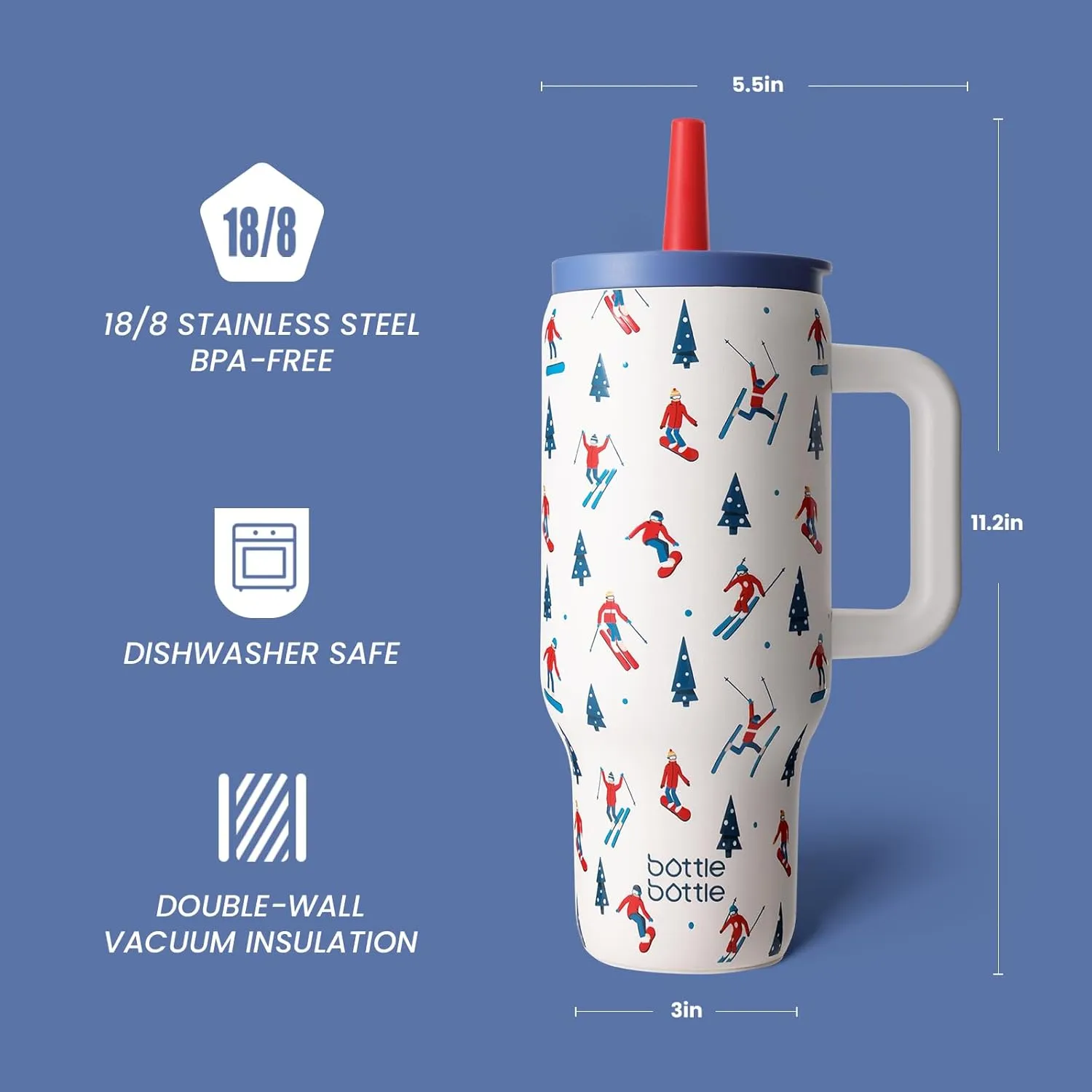 BOTTLE BOTTLE 30 oz Tumbler with Lid and Straw, Stainless Steel Travel Mug, Tumbler with handle, Water Bottle with straw for College Office, Gifts for Women Him Her (Skiing)