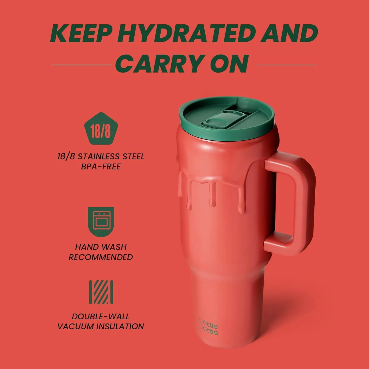 BOTTLE BOTTLE 40 oz Tumbler with Handle and Straw,Stainless Steel Vacuum Travel Mug,Car Cup with Straw, Stainless Steel Vacuum Water Bottle for Gifts Party Office Coffee (tomato)
