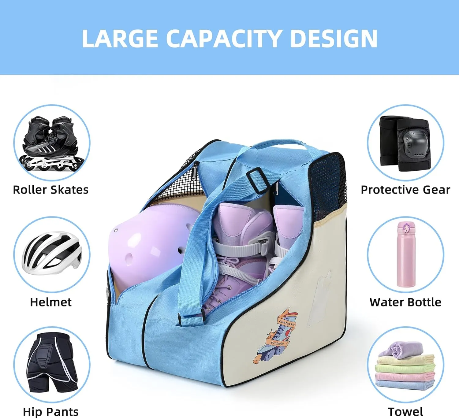 Boulder Bee Roller Skate Bag, Ice Skate Bag for Women with Adjustable Shoulder Strap, Shoe Bag for Ice Skating/Inline Skates, for Both Kids and Adults