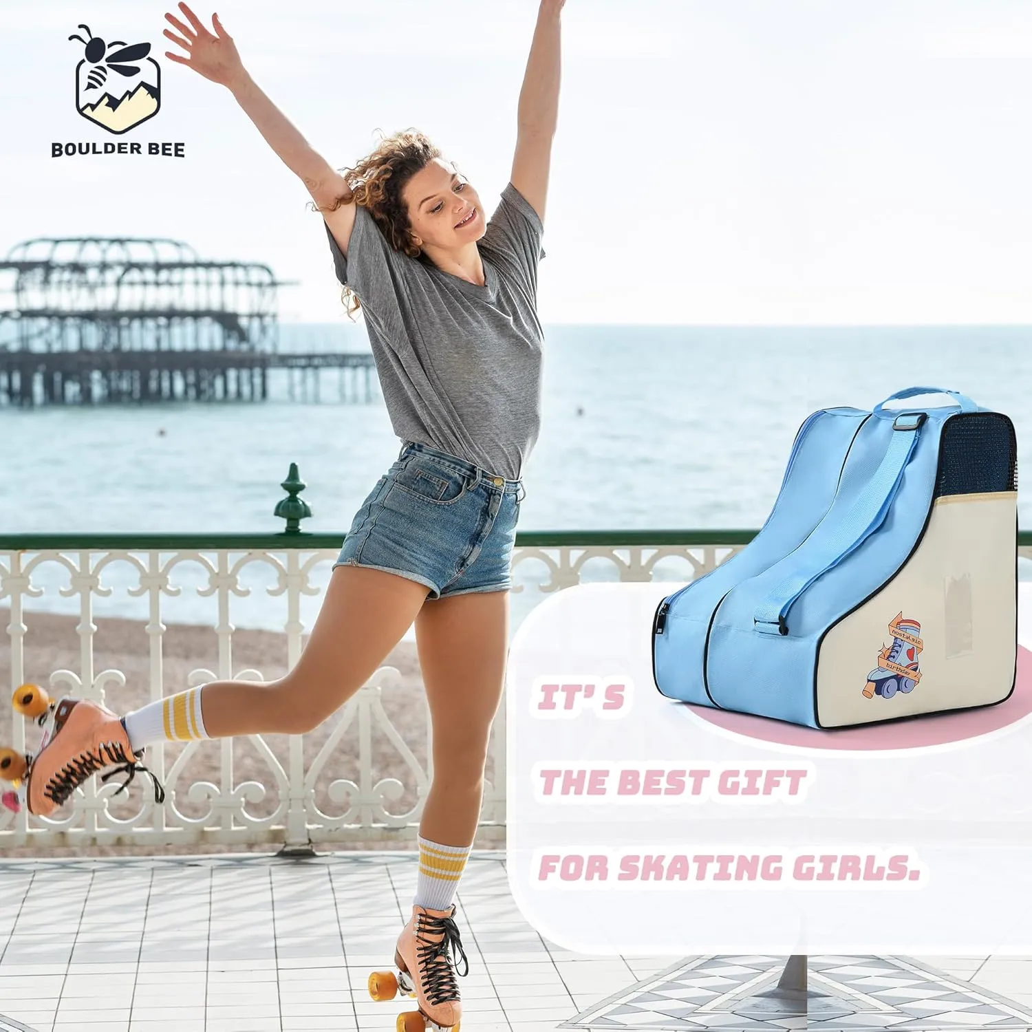 Boulder Bee Roller Skate Bag, Ice Skate Bag for Women with Adjustable Shoulder Strap, Shoe Bag for Ice Skating/Inline Skates, for Both Kids and Adults