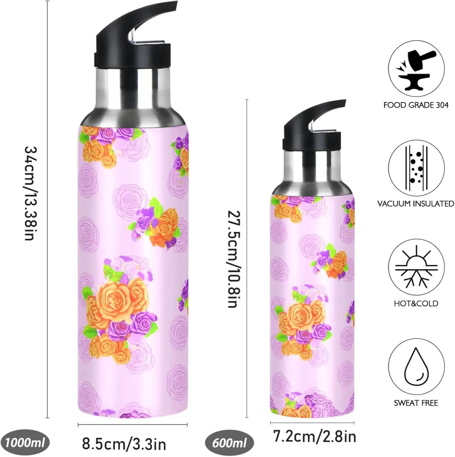 Bouquet Of Flowers Sports Water Bottle with Straw, 22oz BPA Free Stainless Steel Vacuum Insulated Bottle for Gym Fitness Outdoor