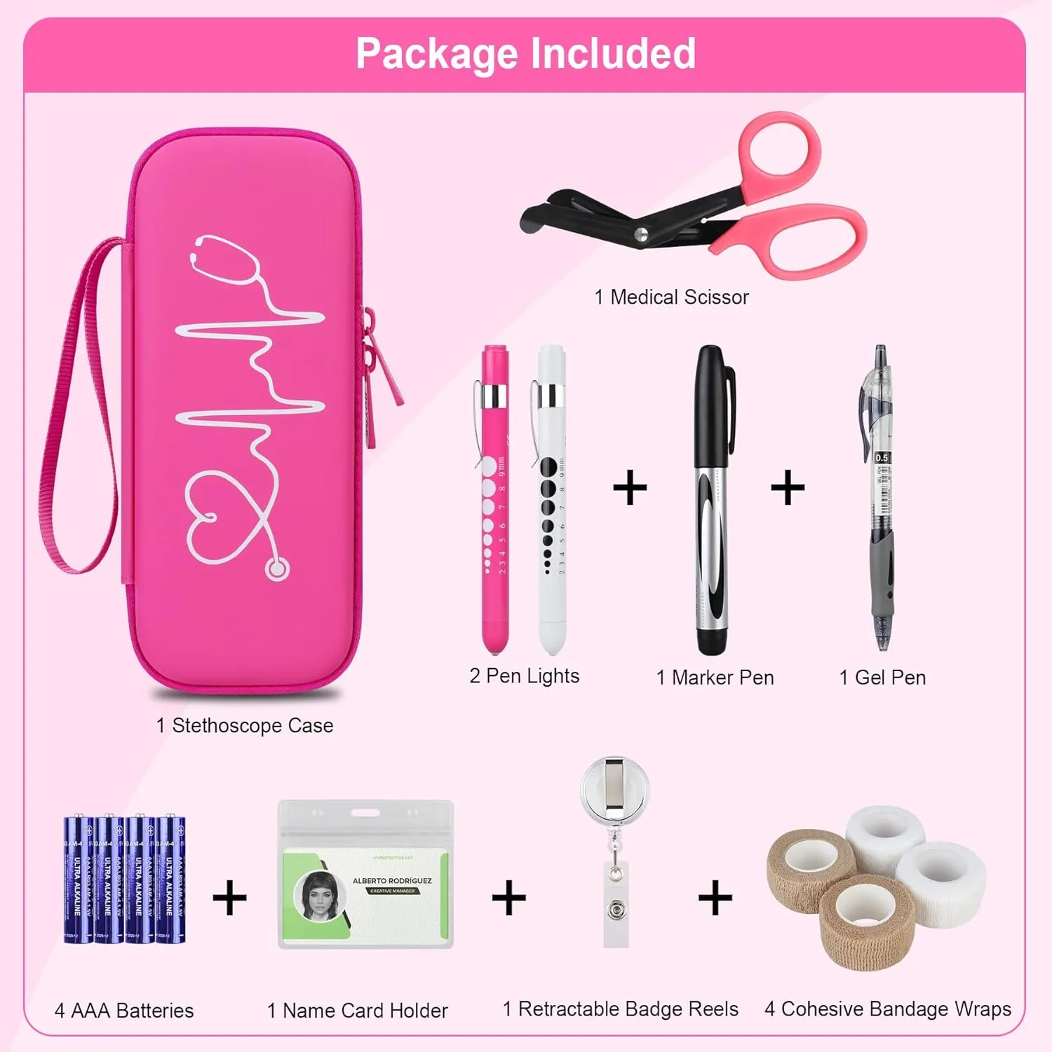 BOVKE 15 Pcs Stethoscope Case Kits Include Supplies, Portable First Aid Kit Bag Contains Stethoscope Case, Penlights, Bandage Wraps, and Other Nursing School Tool Essentials, Raspberry