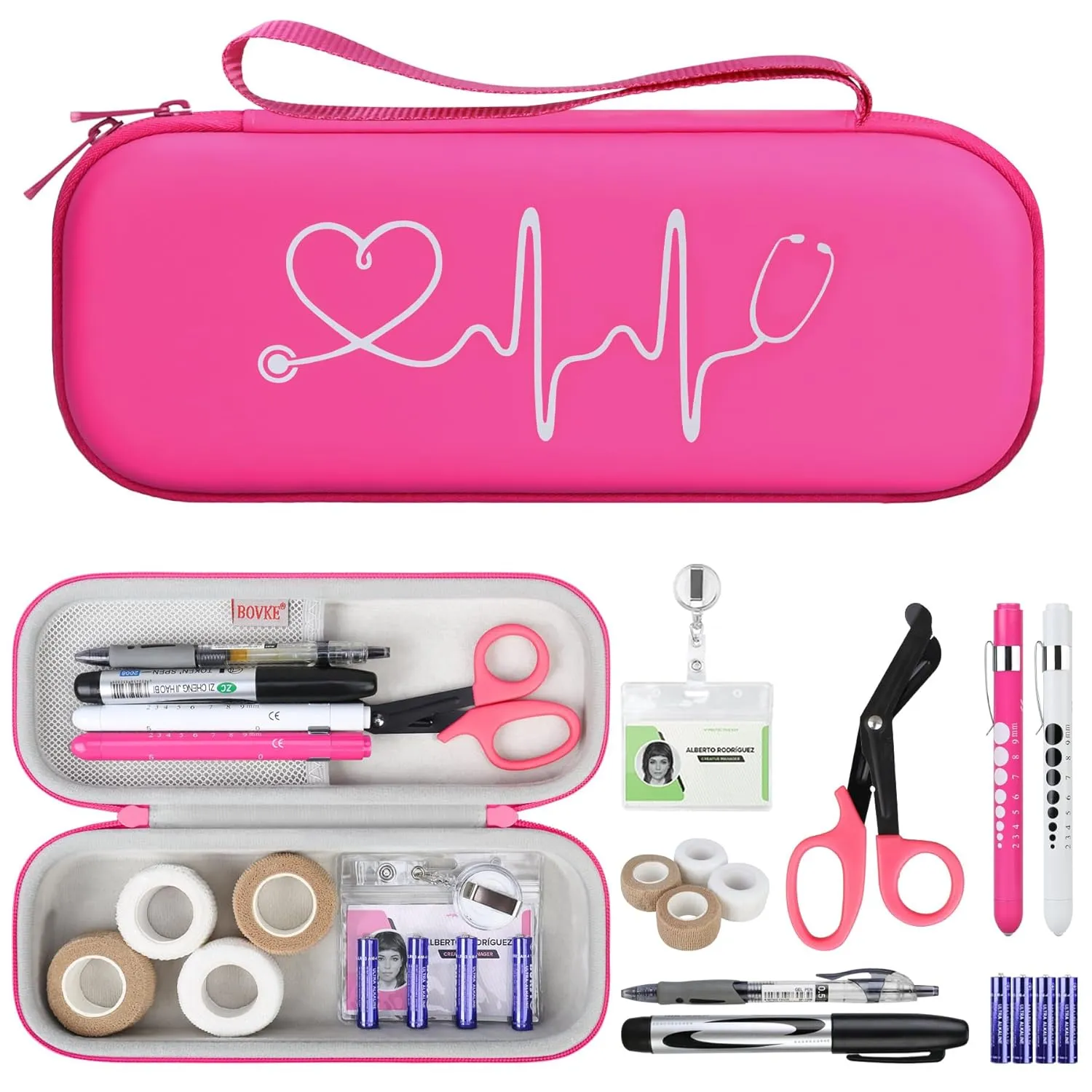 BOVKE 15 Pcs Stethoscope Case Kits Include Supplies, Portable First Aid Kit Bag Contains Stethoscope Case, Penlights, Bandage Wraps, and Other Nursing School Tool Essentials, Raspberry