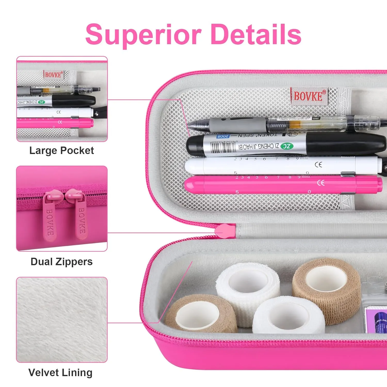 BOVKE 15 Pcs Stethoscope Case Kits Include Supplies, Portable First Aid Kit Bag Contains Stethoscope Case, Penlights, Bandage Wraps, and Other Nursing School Tool Essentials, Raspberry
