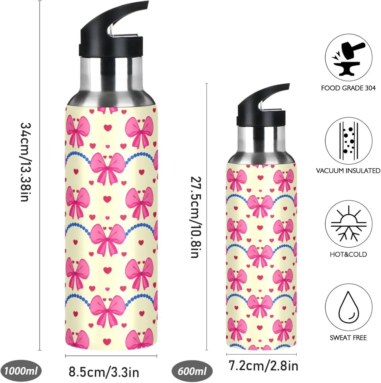 Bow Ribbon Sports Water Bottle with Straw, 22oz BPA Free Stainless Steel Vacuum Insulated Bottle for Gym Fitness Outdoor