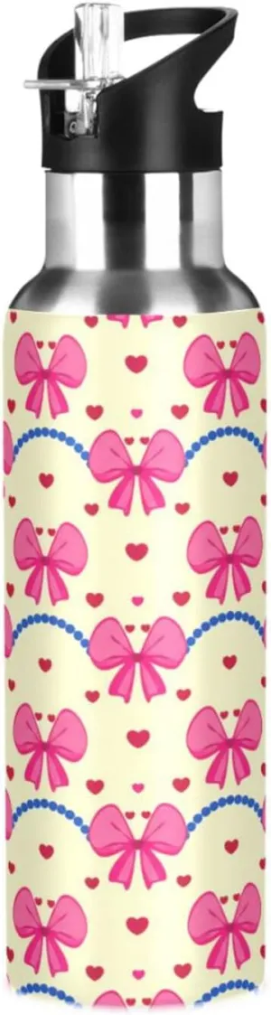 Bow Ribbon Sports Water Bottle with Straw, 22oz BPA Free Stainless Steel Vacuum Insulated Bottle for Gym Fitness Outdoor