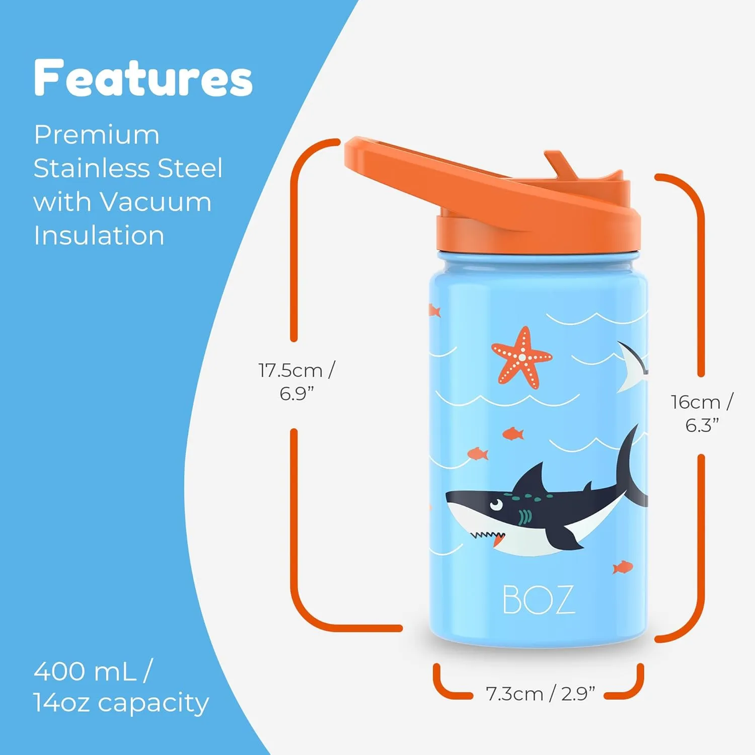 BOZ Kids Water Bottle for School - Stainless Steel Insulated With Straw Lid, Leak Proof for Toddlers, 14 oz (414ml) (Shark)