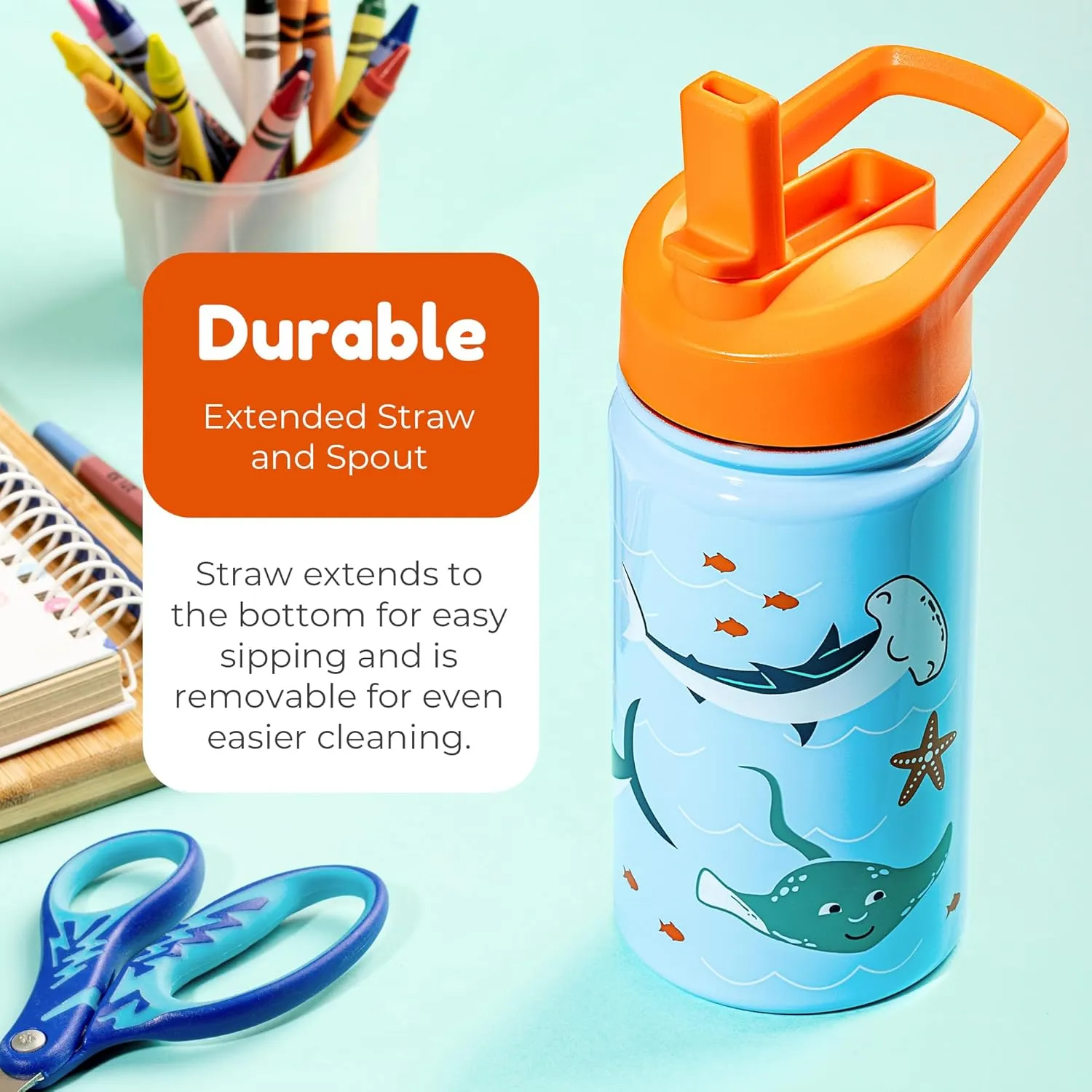BOZ Kids Water Bottle for School - Stainless Steel Insulated With Straw Lid, Leak Proof for Toddlers, 14 oz (414ml) (Shark)