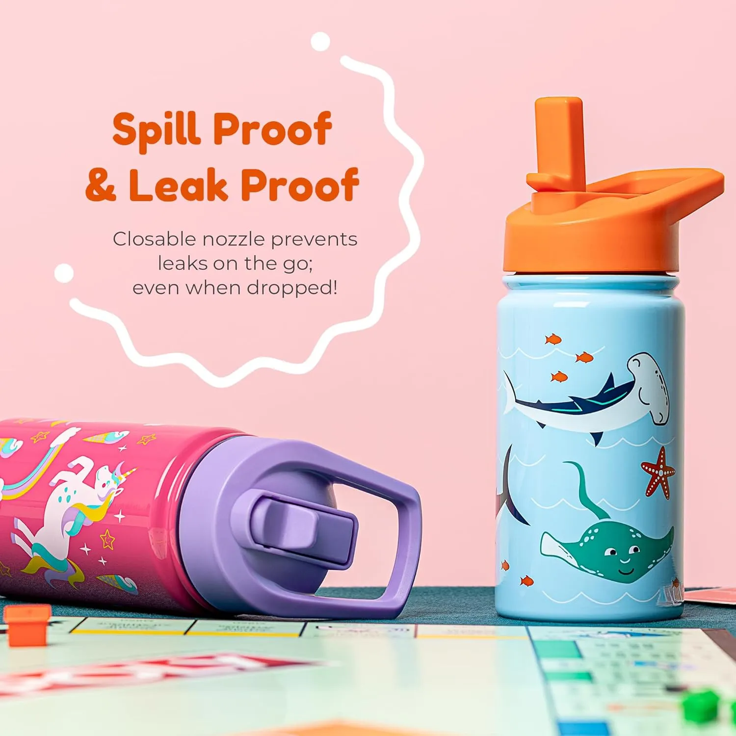 BOZ Kids Water Bottle for School - Stainless Steel Insulated With Straw Lid, Leak Proof for Toddlers, 14 oz (414ml) (Shark)
