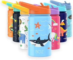 BOZ Kids Water Bottle for School - Stainless Steel Insulated With Straw Lid, Leak Proof for Toddlers, 14 oz (414ml) (Shark)