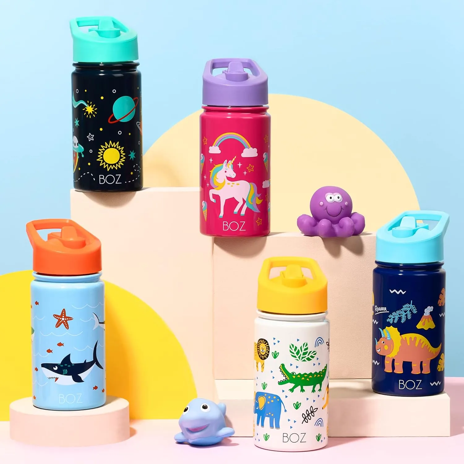 BOZ Kids Water Bottle for School - Stainless Steel Insulated With Straw Lid, Leak Proof for Toddlers, 14 oz (414ml) (Shark)