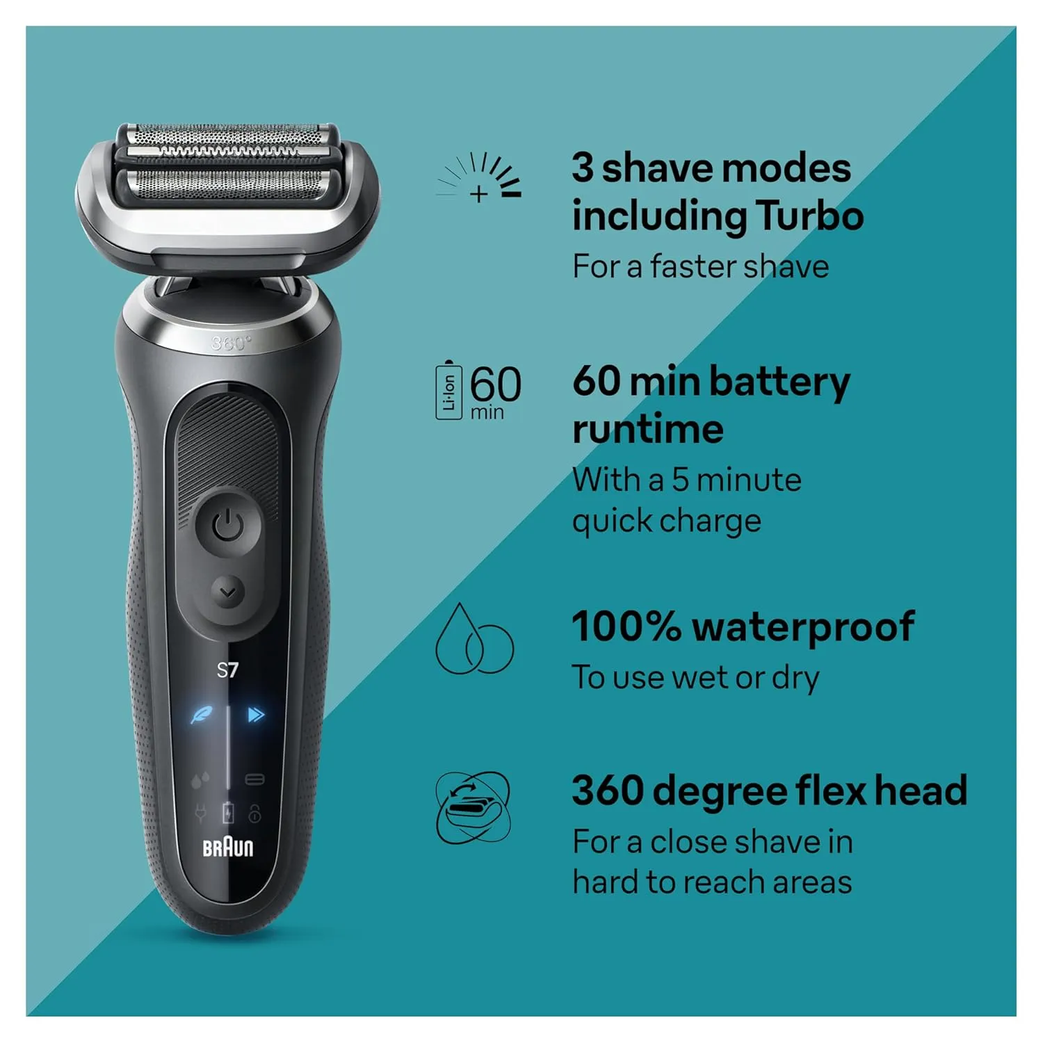Braun Electric Shaver for Men, Series 7 7177cc, Wet & Dry Shave, Turbo & Gentle Shaving Modes, Waterproof Foil Shaver, Space Grey