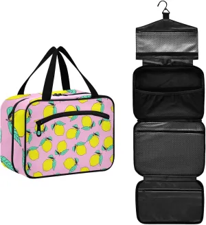 Bright Lemons Citrus Fruits on Pink Toiletry Bag for Traveling Large Capacity Hanging Travel Bag for Women - Large