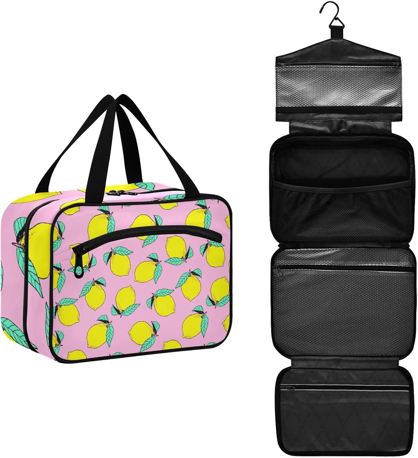 Bright Lemons Citrus Fruits on Pink Toiletry Bag for Traveling Large Capacity Hanging Travel Bag for Women - Large