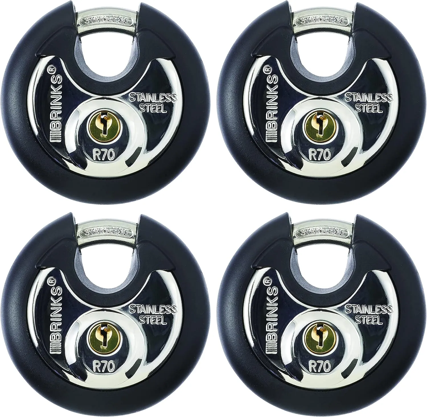 BRINKS Heavy Duty Padlock with Key - 70mm Discus Keyed Lock for Storage Shed, Garage, Storage Lockers, Sliding Doors, Tool Box, and Cabinets, 4 Pack