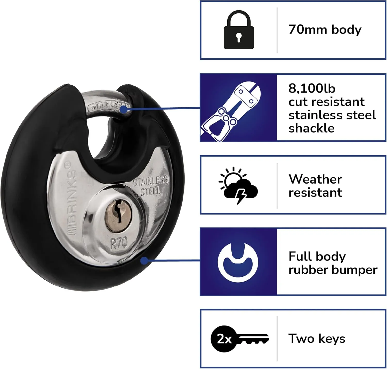 BRINKS Heavy Duty Padlock with Key - 70mm Discus Keyed Lock for Storage Shed, Garage, Storage Lockers, Sliding Doors, Tool Box, and Cabinets, 4 Pack