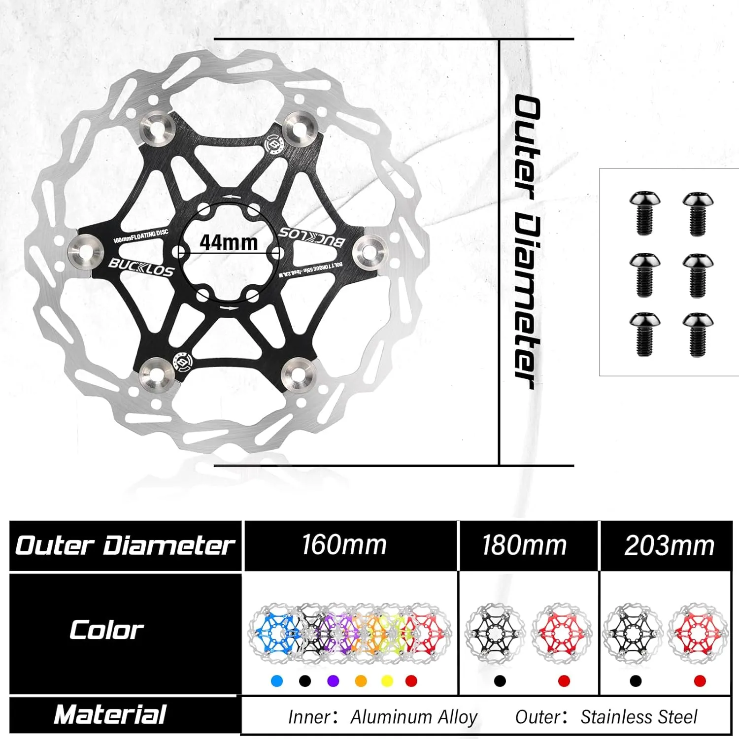 BUCKLOS 160mm 180mm 203mm Floating Disc Brake Rotor, Stainless Steel MTB Brakes Rotors with 6PC Bolts, Ultra-light Floating Disc Rotor fit Mountain Bike Road Bikes BMX（Black、Red）
