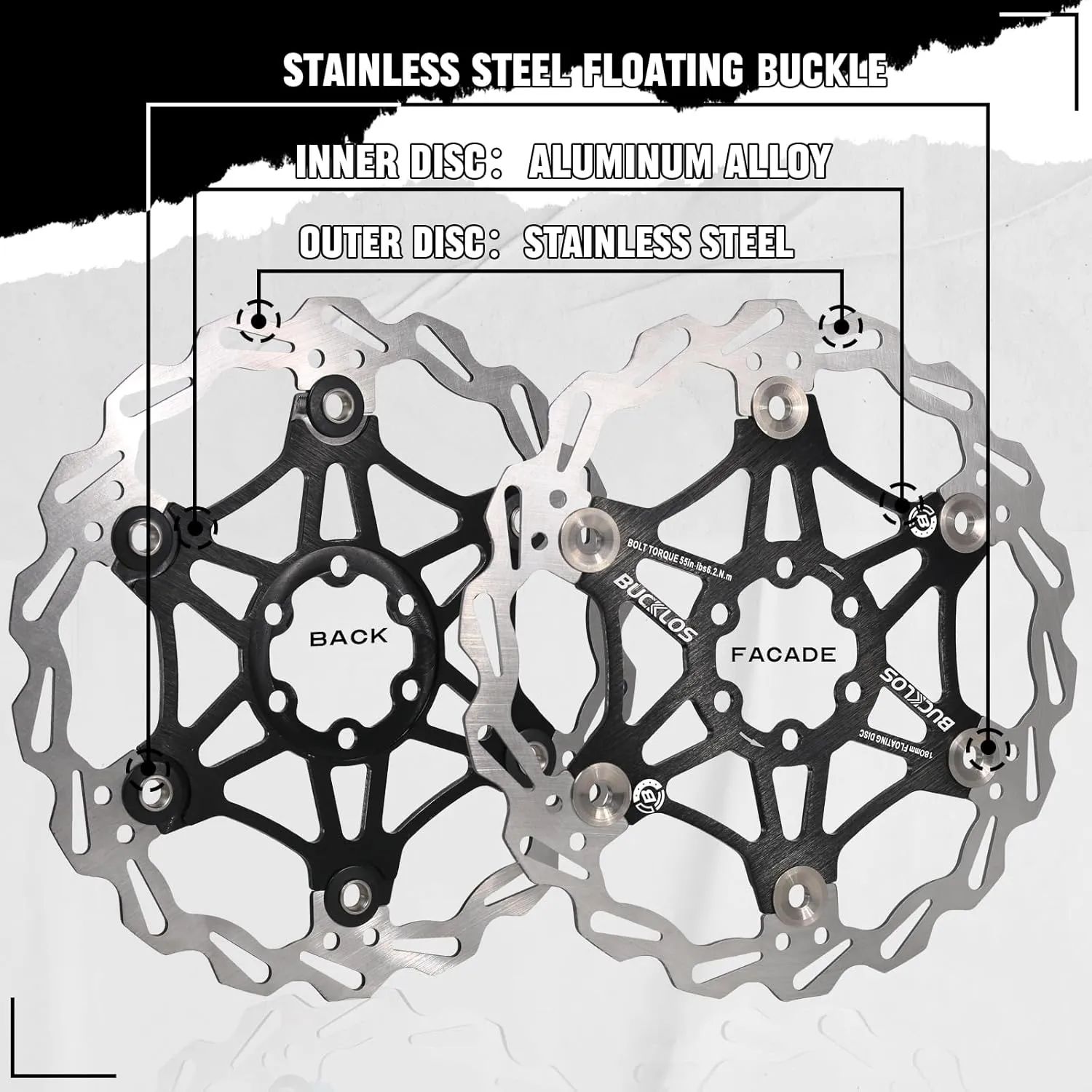 BUCKLOS 160mm 180mm 203mm Floating Disc Brake Rotor, Stainless Steel MTB Brakes Rotors with 6PC Bolts, Ultra-light Floating Disc Rotor fit Mountain Bike Road Bikes BMX（Black、Red）