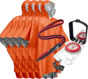 Bundle: Hiking Compass and Emergency Mylar Poncho 4-Pack Orange