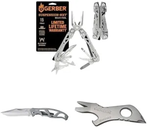 Bundle of Gerber Suspension-NXT 15-in-1 EDC Multitool, Stainless Steel   Gerber Paraframe Mini Pocket Knife   Gerber Gear Shard Keychain Multitool