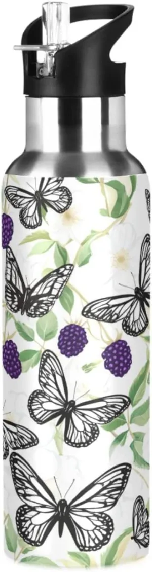 Butterflies & Berries Sports Water Bottle with Straw, 22oz BPA Free Stainless Steel Vacuum Insulated Bottle for Gym Fitness Outdoor