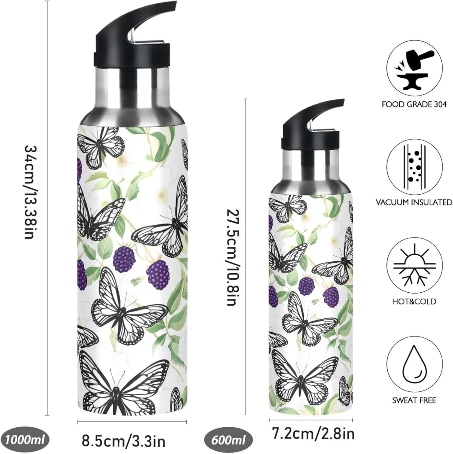 Butterflies & Berries Sports Water Bottle with Straw, 22oz BPA Free Stainless Steel Vacuum Insulated Bottle for Gym Fitness Outdoor