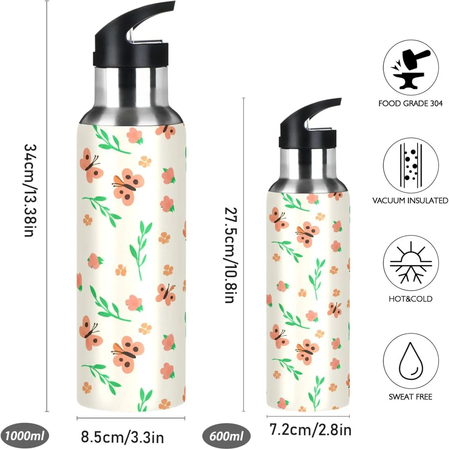 Butterfly Sports Water Bottle with Straw, 22oz BPA Free Stainless Steel Vacuum Insulated Bottle for Gym Fitness Outdoor