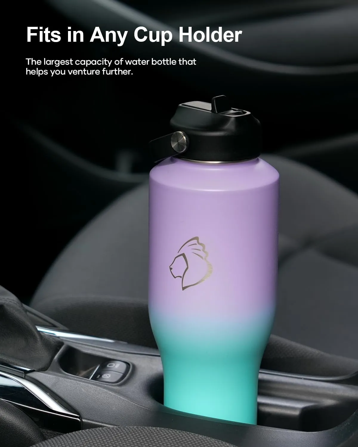 BUZIO Water Bottle 40oz Fits in Cup Holder, Double Wall Vacuum Insulated Tumbler with Lid and Straw, Leakproof 18/8 Stainless Steel Travel Flask Water Cup Keeps Drinks Hot Cold, Dark Purple Green