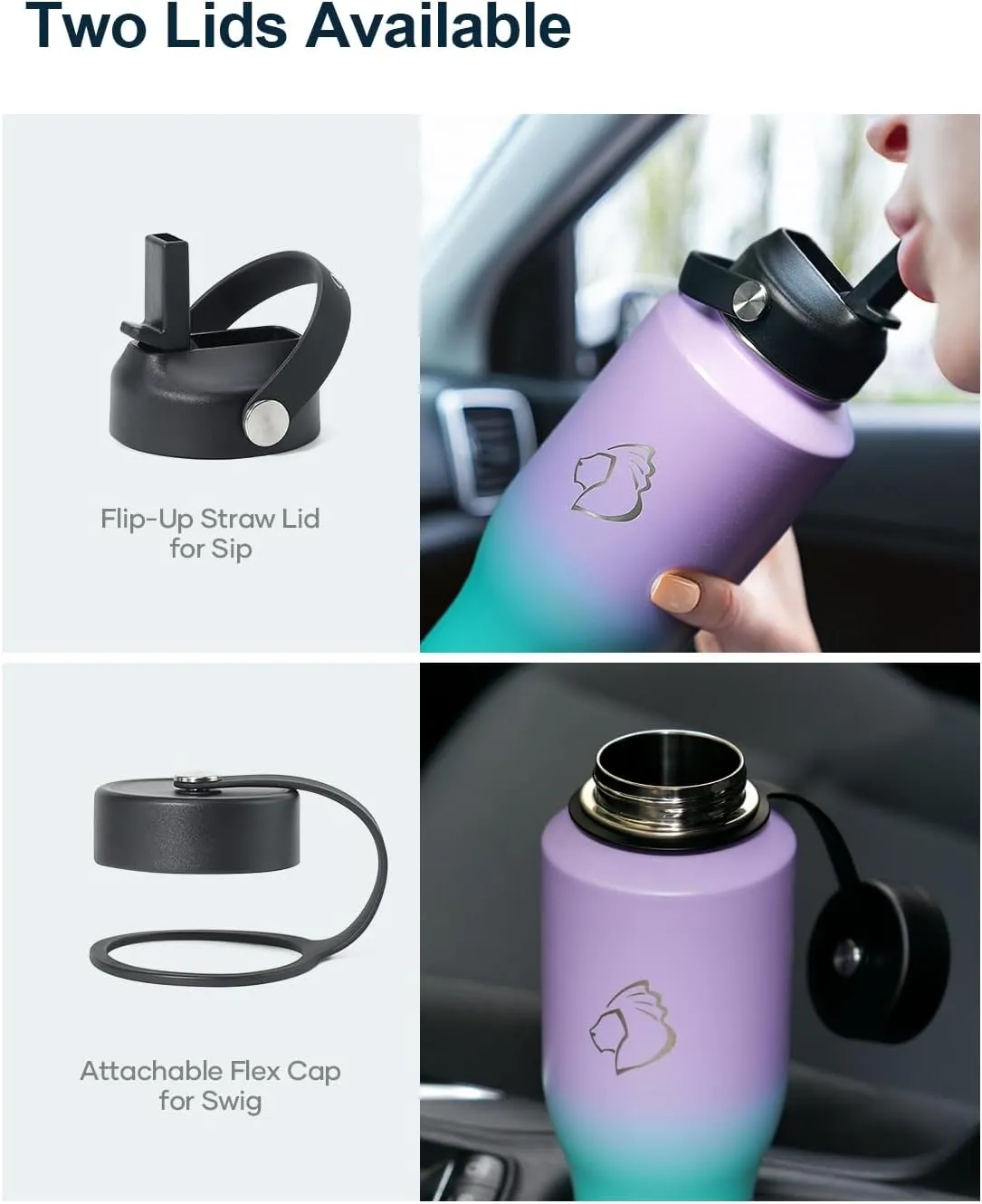 BUZIO Water Bottle 40oz Fits in Cup Holder, Double Wall Vacuum Insulated Tumbler with Lid and Straw, Leakproof 18/8 Stainless Steel Travel Flask Water Cup Keeps Drinks Hot Cold, Dark Purple Green