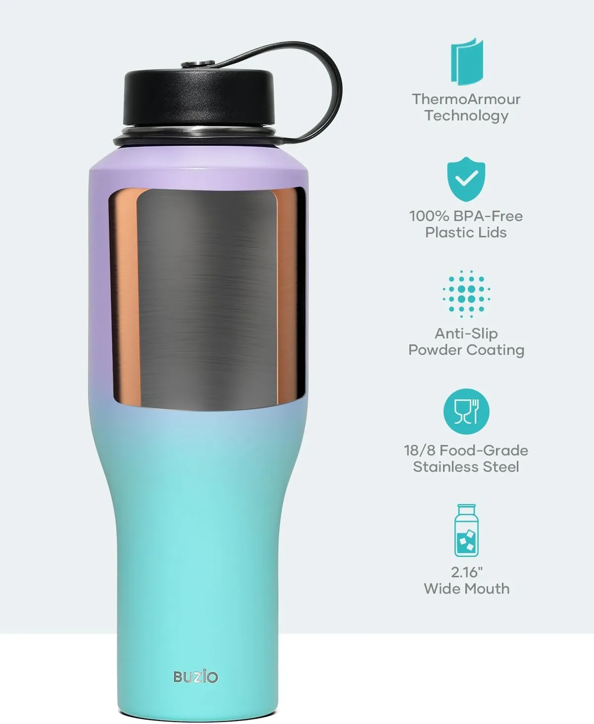BUZIO Water Bottle 40oz Fits in Cup Holder, Double Wall Vacuum Insulated Tumbler with Lid and Straw, Leakproof 18/8 Stainless Steel Travel Flask Water Cup Keeps Drinks Hot Cold, Dark Purple Green