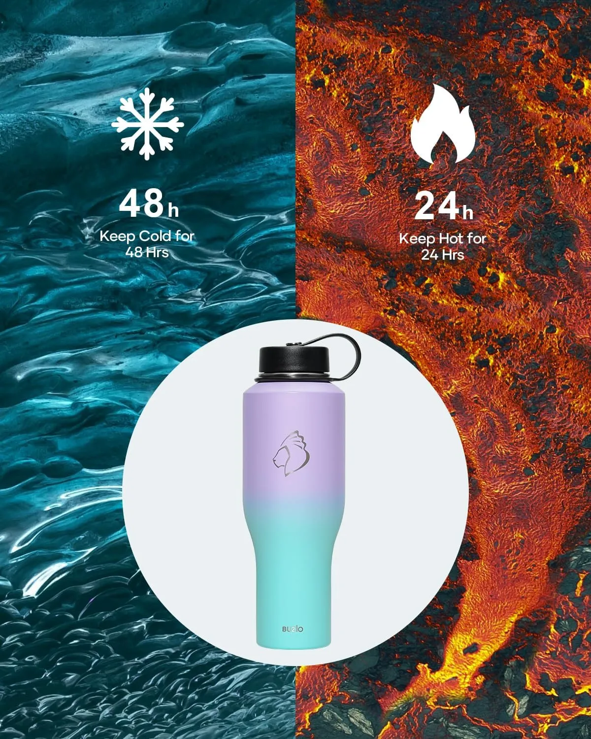 BUZIO Water Bottle 40oz Fits in Cup Holder, Double Wall Vacuum Insulated Tumbler with Lid and Straw, Leakproof 18/8 Stainless Steel Travel Flask Water Cup Keeps Drinks Hot Cold, Dark Purple Green