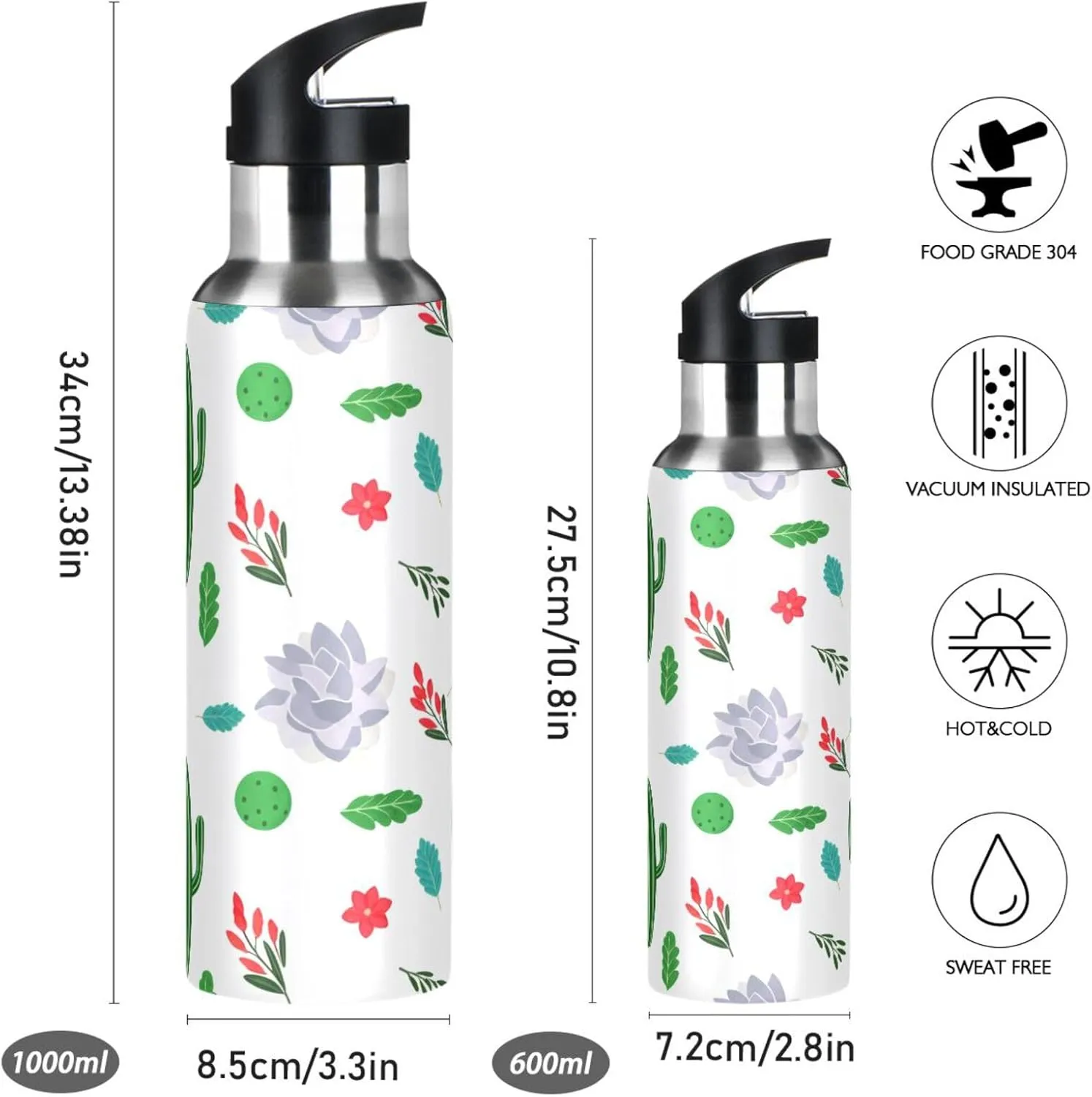 Cacti Sports Water Bottle with Straw, 22oz BPA Free Stainless Steel Vacuum Insulated Bottle for Gym Fitness Outdoor