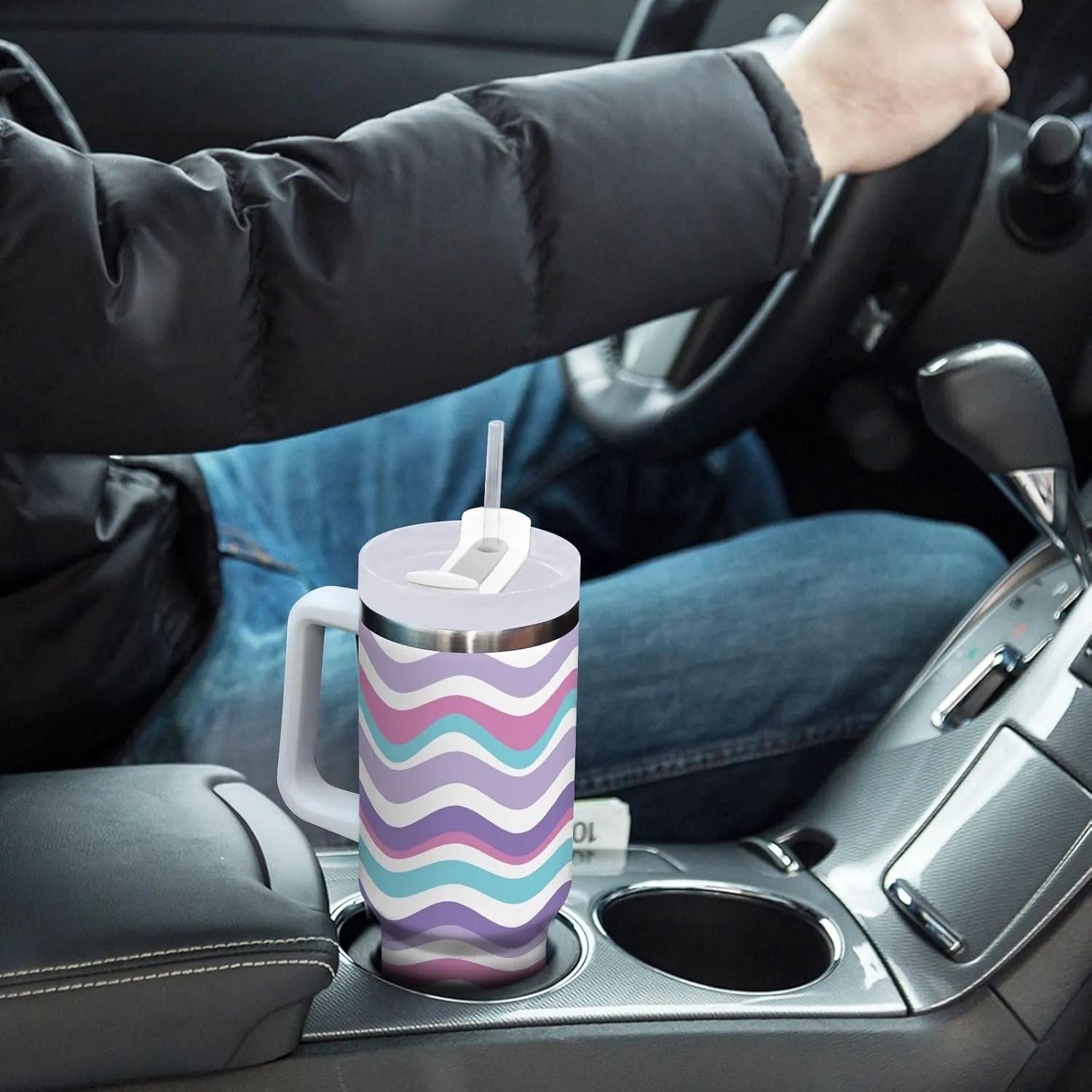 Caikeny Insulated Tumblers with Lid and Straw Wavy Stripe 30 oz Reusable Stainless Steel Cup Colourful Water Bottle Coffee Travel Tumbler Mug for Women Men