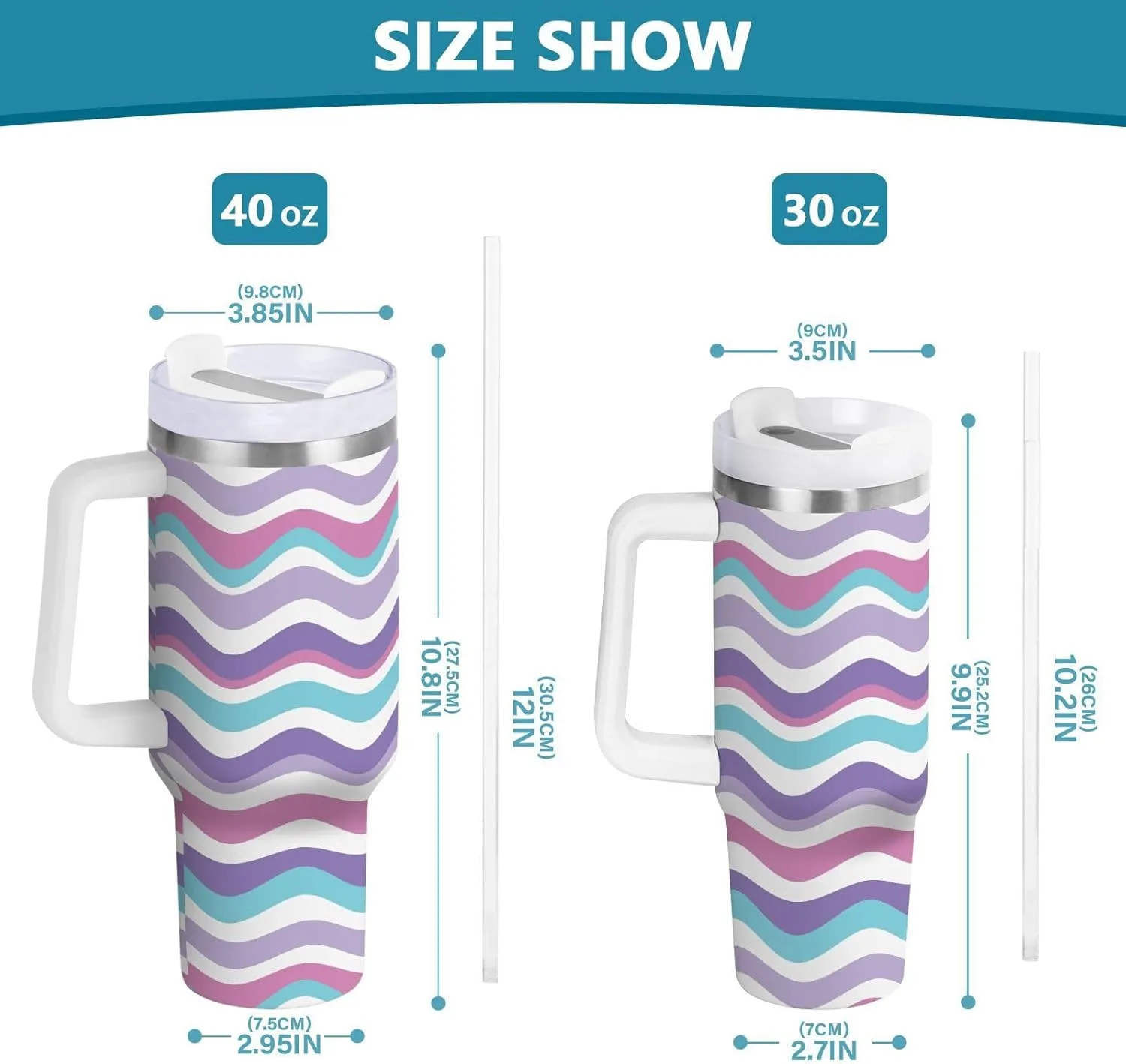 Caikeny Insulated Tumblers with Lid and Straw Wavy Stripe 30 oz Reusable Stainless Steel Cup Colourful Water Bottle Coffee Travel Tumbler Mug for Women Men