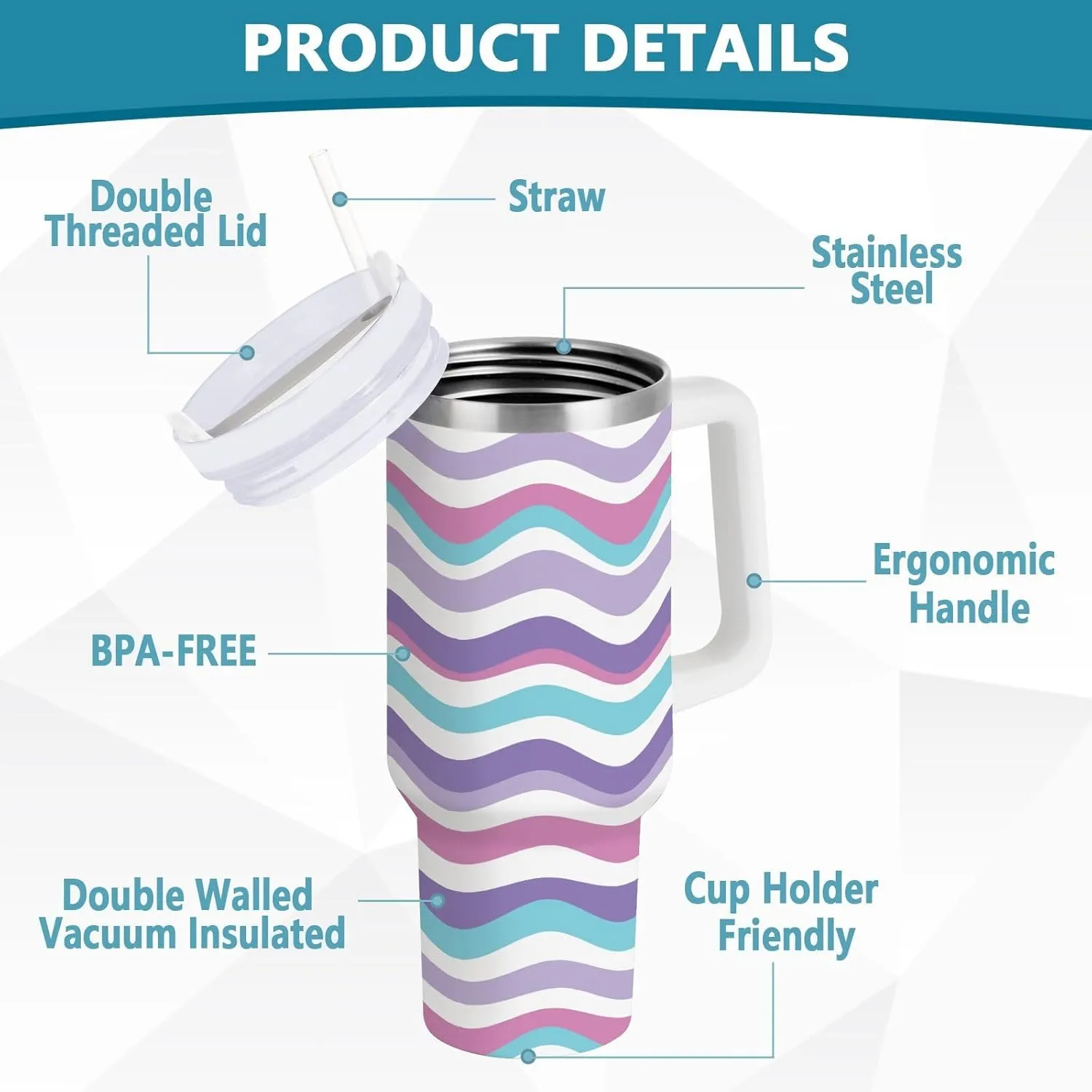 Caikeny Insulated Tumblers with Lid and Straw Wavy Stripe 30 oz Reusable Stainless Steel Cup Colourful Water Bottle Coffee Travel Tumbler Mug for Women Men