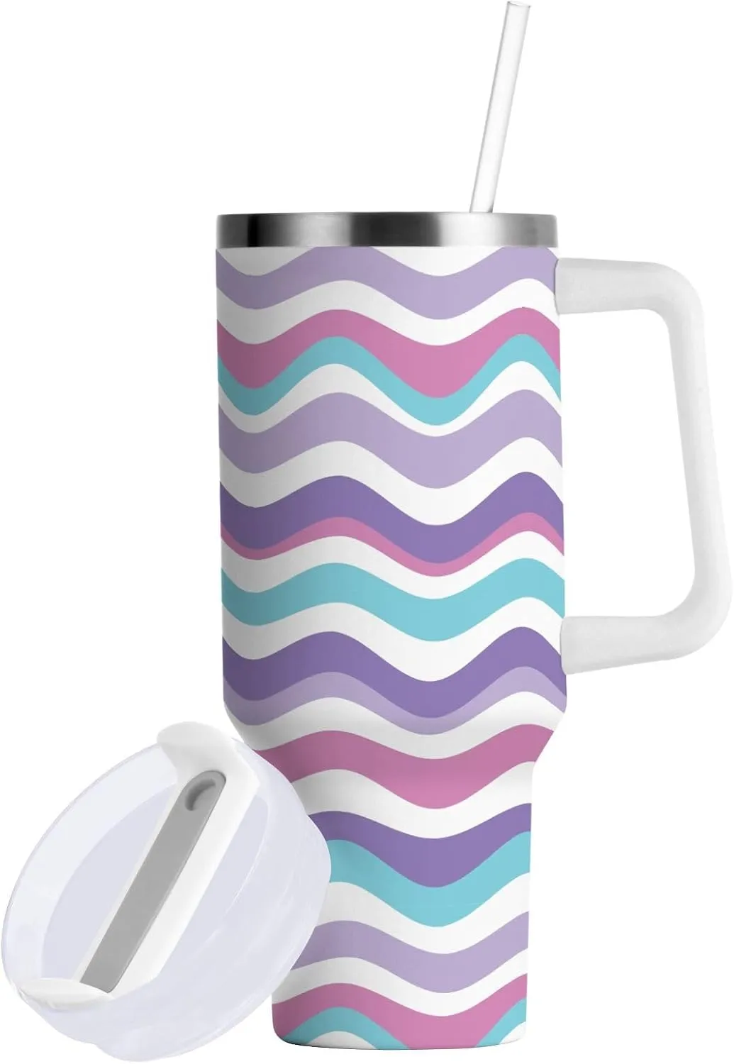 Caikeny Insulated Tumblers with Lid and Straw Wavy Stripe 30 oz Reusable Stainless Steel Cup Colourful Water Bottle Coffee Travel Tumbler Mug for Women Men