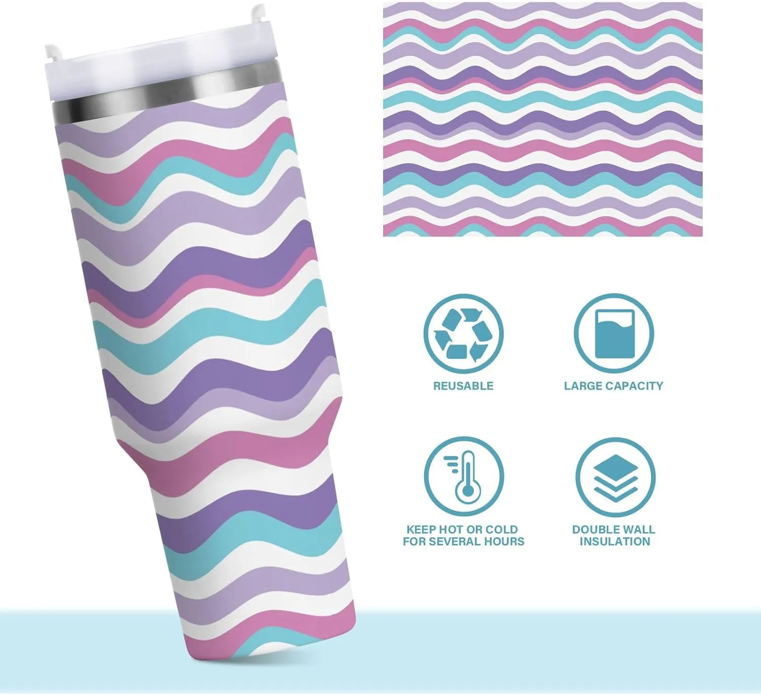 Caikeny Insulated Tumblers with Lid and Straw Wavy Stripe 30 oz Reusable Stainless Steel Cup Colourful Water Bottle Coffee Travel Tumbler Mug for Women Men
