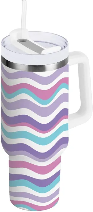 Caikeny Insulated Tumblers with Lid and Straw Wavy Stripe 30 oz Reusable Stainless Steel Cup Colourful Water Bottle Coffee Travel Tumbler Mug for Women Men