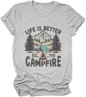 Camp Lover Life Shirt, Life is Better by The Campfire T-Shirt for Camper Hiking Short Sleeve Family Trip Tee Tops