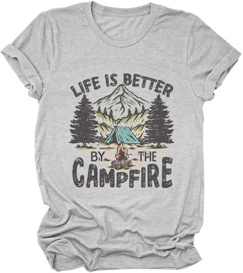 Camp Lover Life Shirt, Life is Better by The Campfire T-Shirt for Camper Hiking Short Sleeve Family Trip Tee Tops